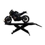 A black motorcycle on a hydraulic motorcycle hoist, showcasing the lift's sturdy design for motorbike maintenance and repairs. - Motorcycle Hoist Drop Tail - 450 Kg | TL.45MH