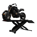 A black motorcycle on a hydraulic motorcycle hoist, showcasing the lift's sturdy design for motorbike maintenance and repairs. - Motorcycle Hoist Drop Tail - 450 Kg | TL.45MH