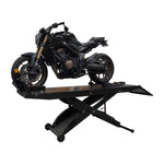 A black motorcycle on a hydraulic motorcycle hoist, showcasing the lift's sturdy design for motorbike maintenance and repairs. - Motorcycle Hoist Drop Tail - 450 Kg | TL.45MH