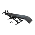 Hydraulic motorcycle hoist with a black diamond plate surface and ramp, designed for lifting and securing motorcycles during maintenance and repairs. - Motorcycle Hoist Drop Tail with Width Extension Kit