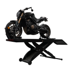 A black motorcycle on a hydraulic motorcycle hoist, showcasing the lift's sturdy design for motorbike maintenance and repairs. - Motorcycle Hoist Drop Tail with Width Extension Kit
