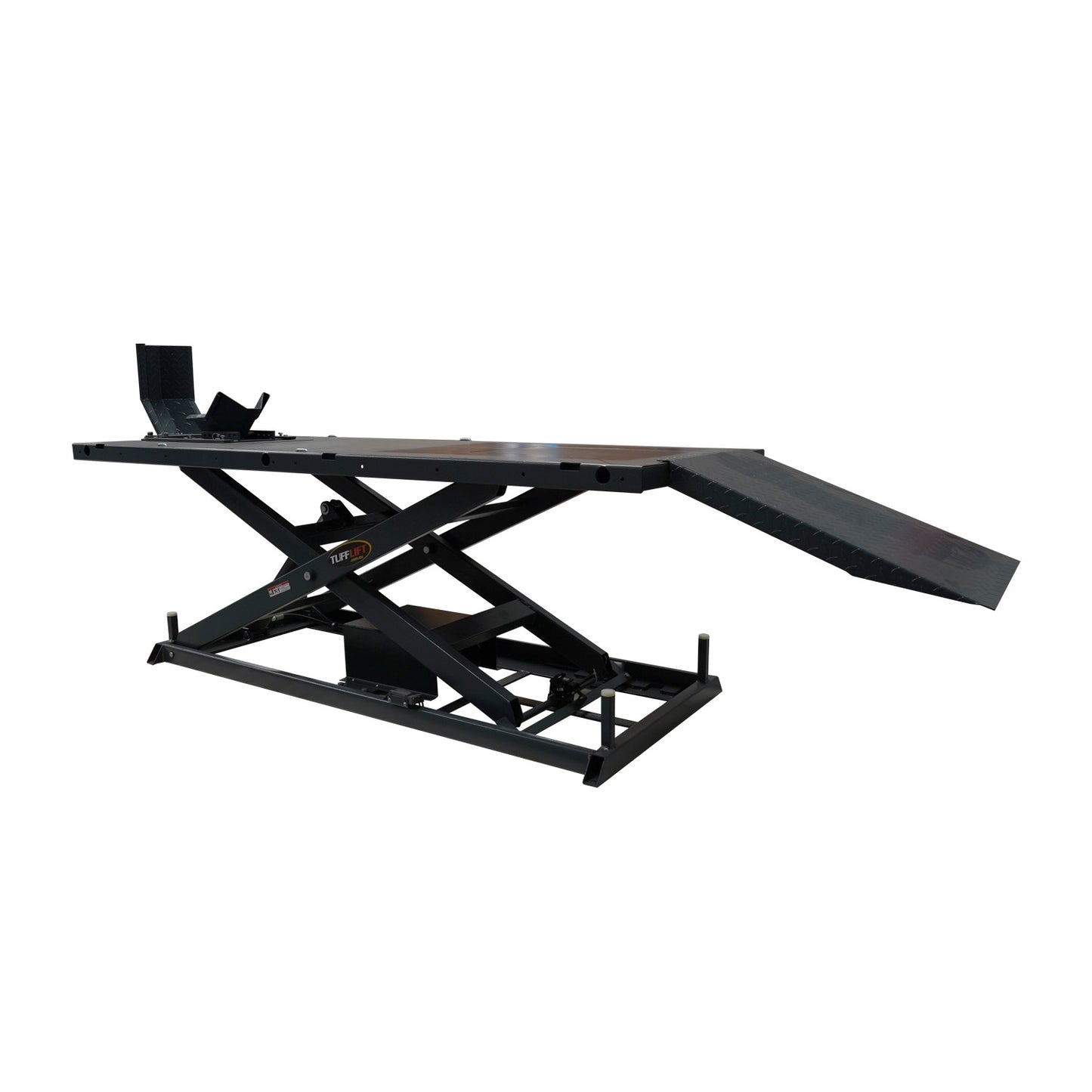A motorcycle hoist with an electric over hydraulic system, capable of lifting 680 kg. The hoist features a long steel ramp, designed for easy loading and unloading of motorcycles, with a sturdy platform for safe maintenance work.