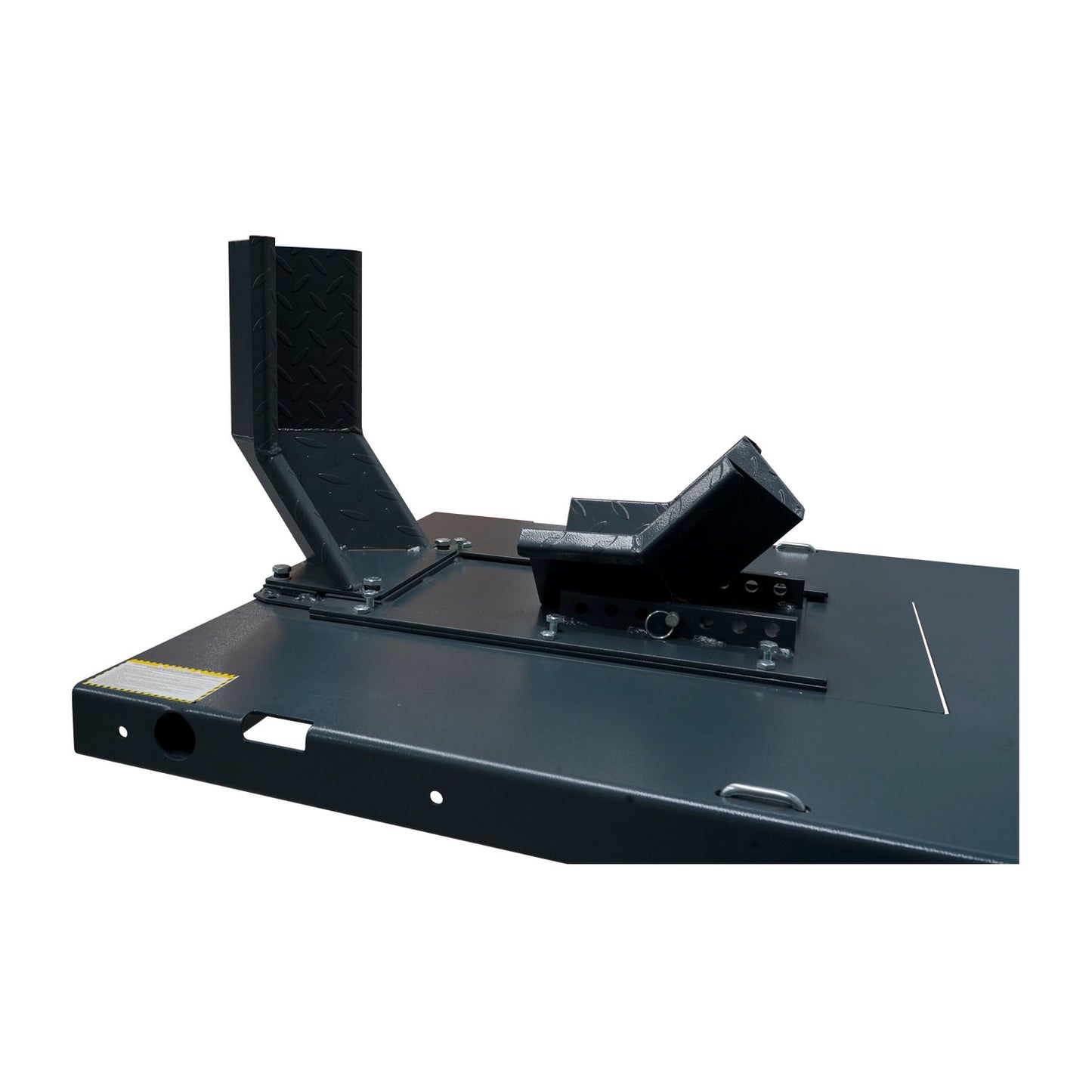 The close-up of the motorcycle hoist platform shows a secure front wheel clamp, designed to hold motorcycles in place during maintenance. The clamp features a sturdy metal construction with multiple adjustable points for different tire sizes.
