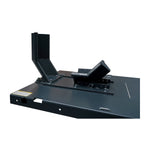The close-up of the motorcycle hoist platform shows a secure front wheel clamp, designed to hold motorcycles in place during maintenance. The clamp features a sturdy metal construction with multiple adjustable points for different tire sizes.