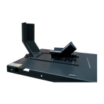 The close-up of the motorcycle hoist platform shows a secure front wheel clamp, designed to hold motorcycles in place during maintenance. The clamp features a sturdy metal construction with multiple adjustable points for different tire sizes.