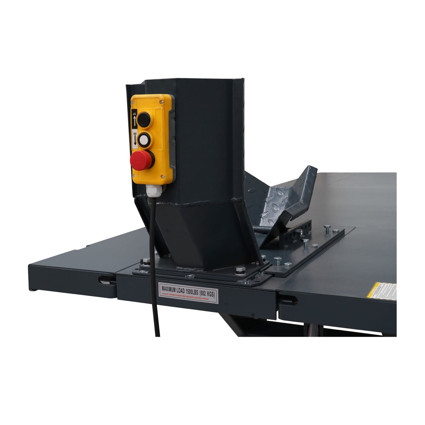 This image displays the control panel mounted on the motorcycle hoist. The yellow panel includes simple push-button controls for operating the lift, along with an emergency stop button for safety. The hoist has a maximum load capacity of 1500 lbs (682 kg), clearly labeled for reference.