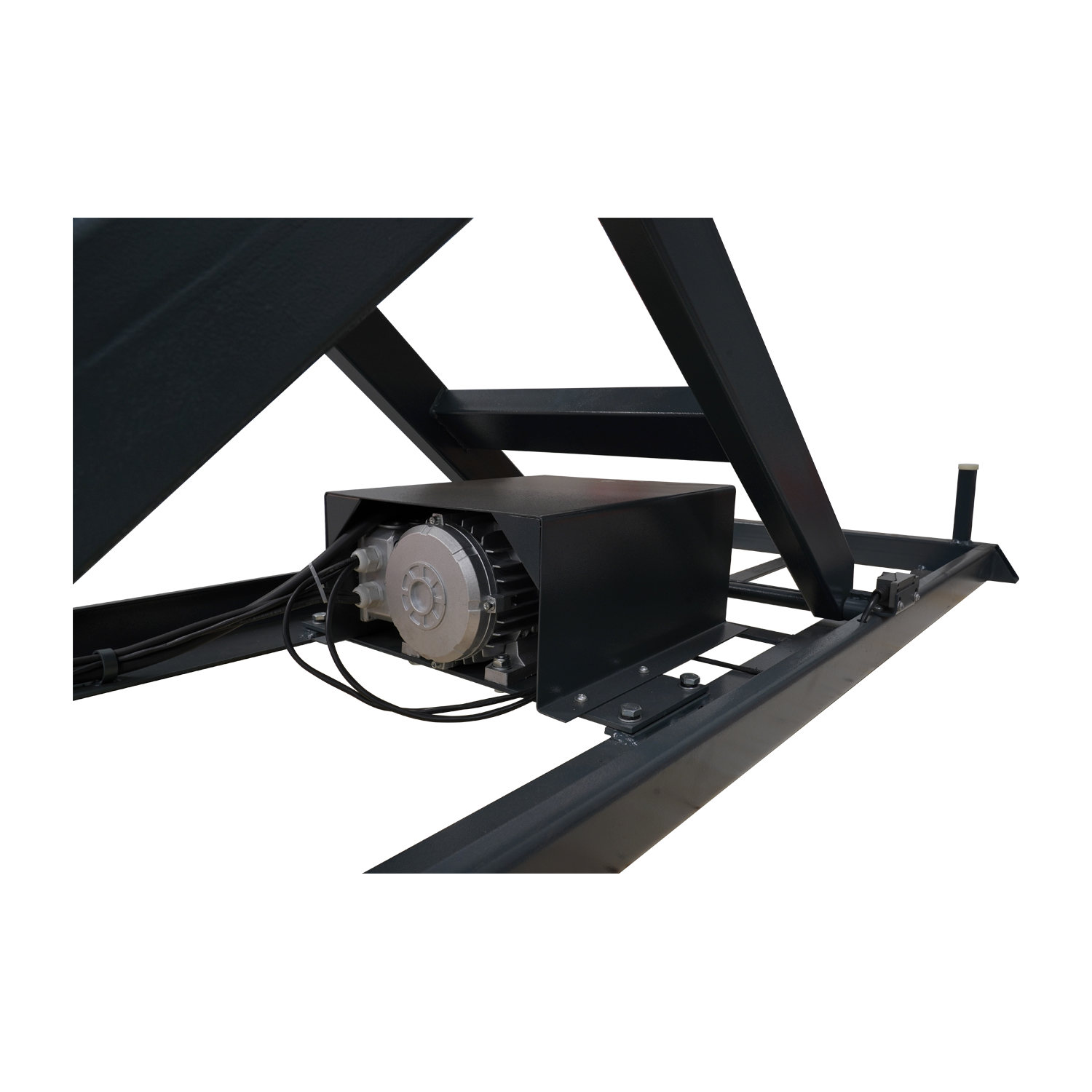 
This close-up image highlights the motor of the electric hydraulic system of the motorcycle hoist. The motor is encased in a protective housing and is designed to provide reliable lifting power for heavy motorcycles during maintenance or repairs.