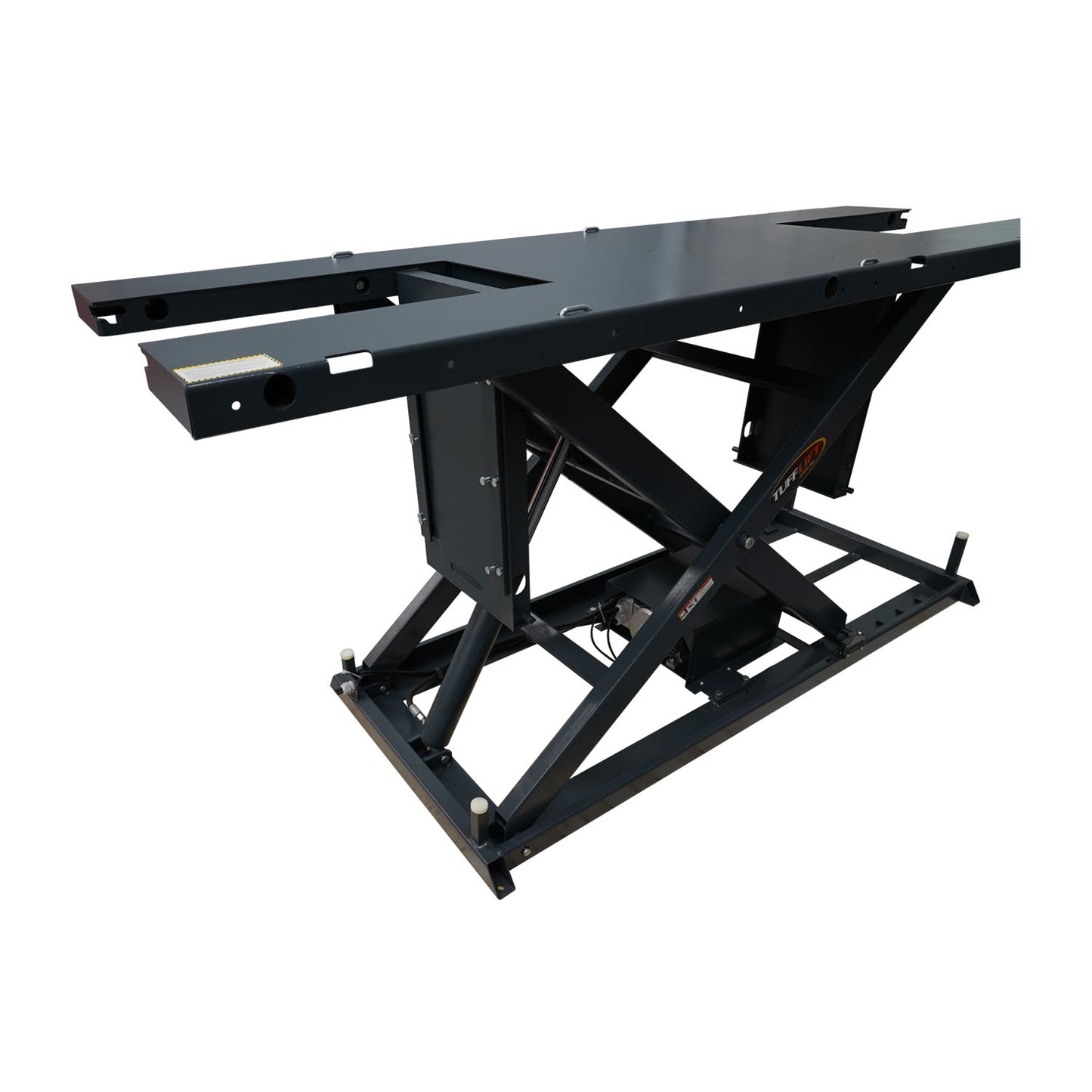 The image showcases a side view of the motorcycle hoist platform, highlighting its robust lift mechanism supported by a cross-braced frame for stability. A control panel with up and down buttons is visible on the floor, offering easy operation for lifting and lowering the platform.