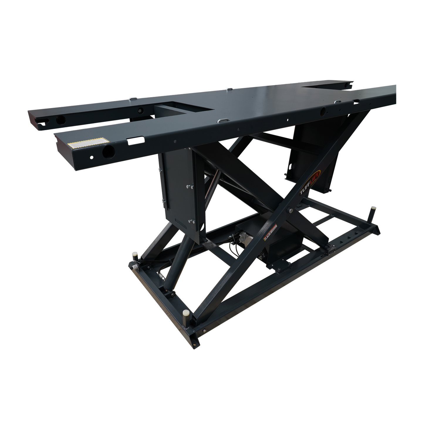 The image showcases a side view of the motorcycle hoist platform, highlighting its robust lift mechanism supported by a cross-braced frame for stability. A control panel with up and down buttons is visible on the floor, offering easy operation for lifting and lowering the platform.