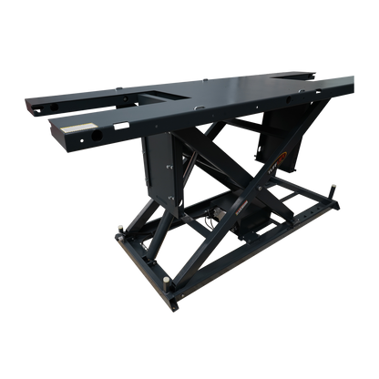 The image showcases a side view of the motorcycle hoist platform, highlighting its robust lift mechanism supported by a cross-braced frame for stability. A control panel with up and down buttons is visible on the floor, offering easy operation for lifting and lowering the platform.