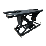 The image showcases a side view of the motorcycle hoist platform, highlighting its robust lift mechanism supported by a cross-braced frame for stability. A control panel with up and down buttons is visible on the floor, offering easy operation for lifting and lowering the platform.