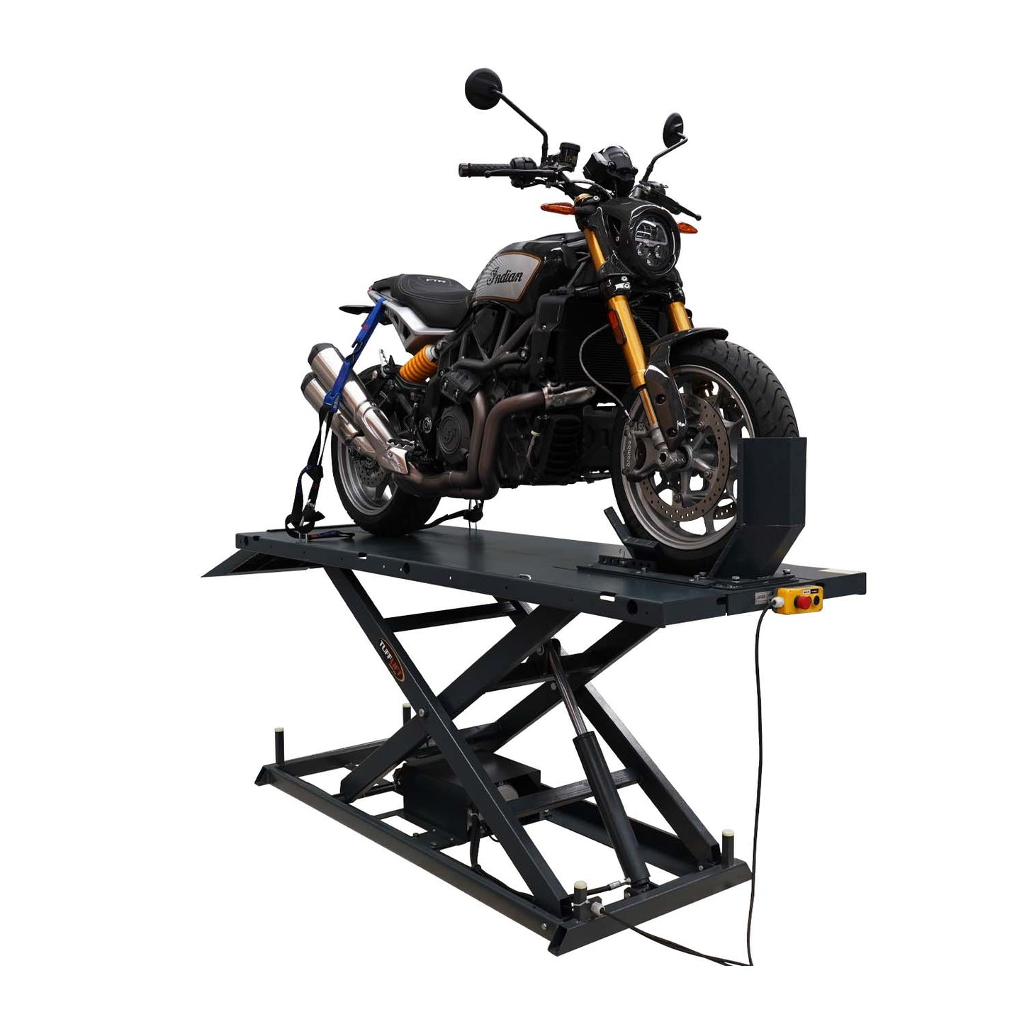 A motorcycle is securely positioned on an electric hydraulic hoist with tie-down straps and a front wheel clamp. The hoist includes a control panel for smooth operation and a sturdy platform to support the bike during maintenance.