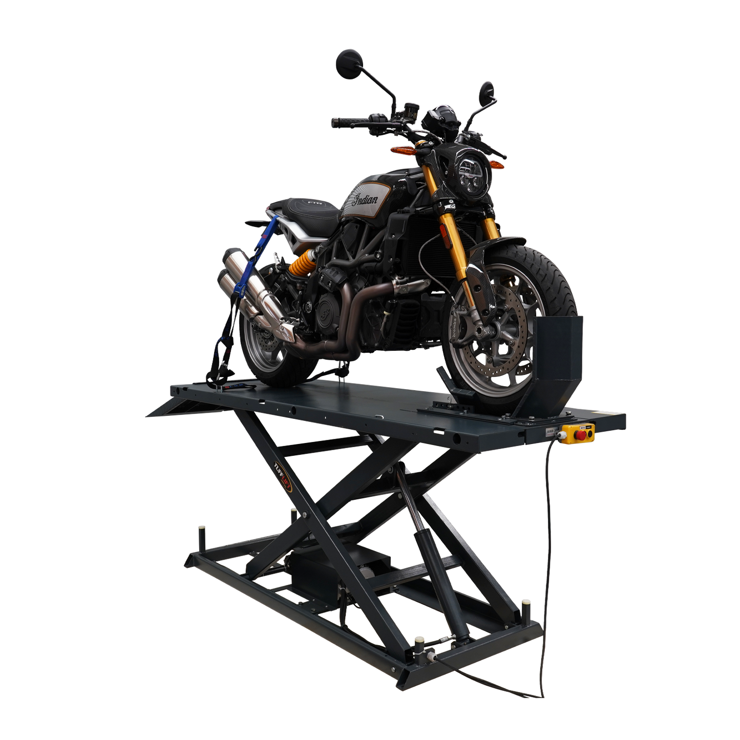 A motorcycle is securely positioned on an electric hydraulic hoist with tie-down straps and a front wheel clamp. The hoist includes a control panel for smooth operation and a sturdy platform to support the bike during maintenance.