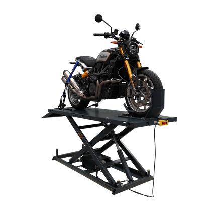 A motorcycle is securely positioned on an electric hydraulic hoist with tie-down straps and a front wheel clamp. The hoist includes a control panel for smooth operation and a sturdy platform to support the bike during maintenance.