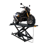 A motorcycle is securely positioned on an electric hydraulic hoist with tie-down straps and a front wheel clamp. The hoist includes a control panel for smooth operation and a sturdy platform to support the bike during maintenance.