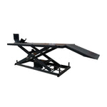 A motorcycle hoist with an electric over hydraulic system, capable of lifting 680 kg. The hoist features a long steel ramp, designed for easy loading and unloading of motorcycles, with a sturdy platform for safe maintenance work.