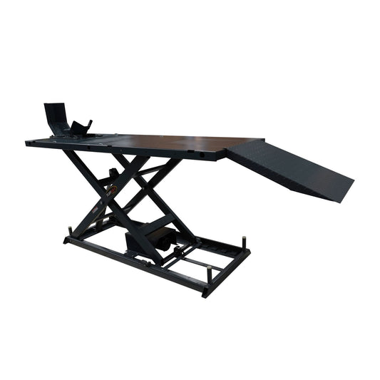 A motorcycle hoist with electric over hydraulic operation, designed to lift up to 680 kg. This sturdy hoist features a steel ramp and a stable platform, ideal for secure motorcycle maintenance and repairs.