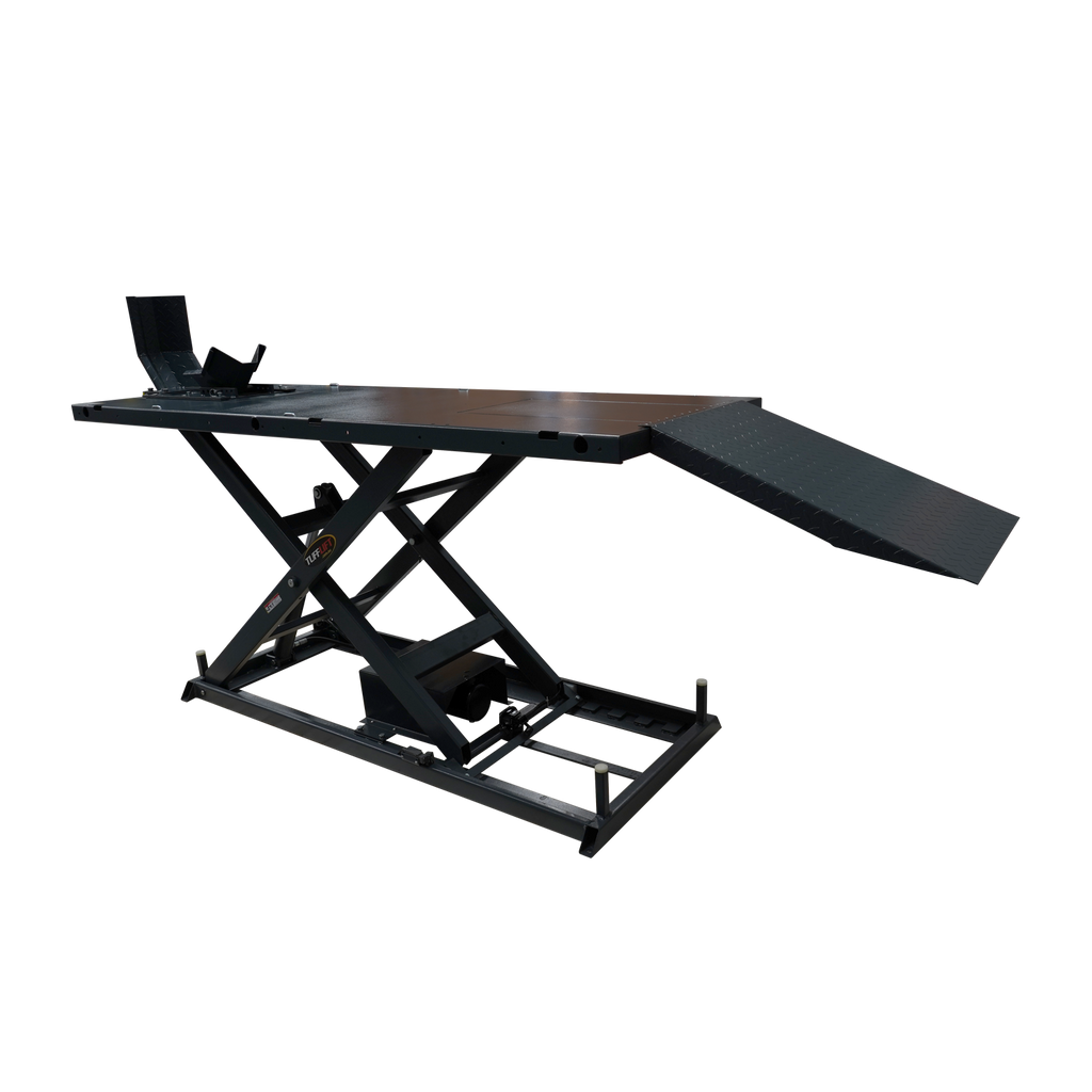 A motorcycle hoist with electric over hydraulic operation, designed to lift up to 680 kg. This sturdy hoist features a steel ramp and a stable platform, ideal for secure motorcycle maintenance and repairs.