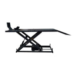 An electric hydraulic motorcycle hoist, featuring a sturdy platform and adjustable ramp, is shown in the raised position. It is designed for easy lifting and stable support during vehicle maintenance.