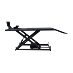 An electric hydraulic motorcycle hoist, featuring a sturdy platform and adjustable ramp, is shown in the raised position. It is designed for easy lifting and stable support during vehicle maintenance.