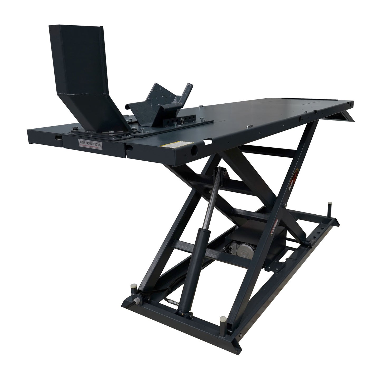 The electric hydraulic motorcycle hoist is shown with its sturdy scissor lift mechanism and a front wheel clamp. The hoist platform is raised, making it ideal for maintenance and repair work on motorcycles.