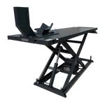 The electric hydraulic motorcycle hoist is shown with its sturdy scissor lift mechanism and a front wheel clamp. The hoist platform is raised, making it ideal for maintenance and repair work on motorcycles.