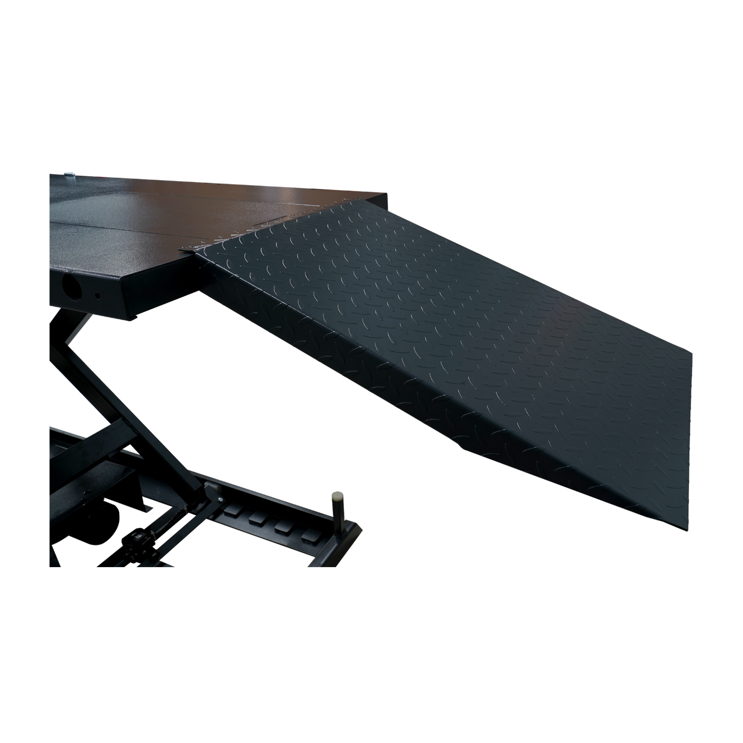 The image shows the loading ramp of the motorcycle hoist, made from diamond-patterned steel for enhanced traction. The ramp is securely attached to the platform, allowing easy motorcycle access to the lifting area.