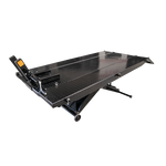Hydraulic motorcycle lift with a black diamond plate surface and front wheel clamp. - Motorcycle Hoist Drop Tail with Width Extension Kit