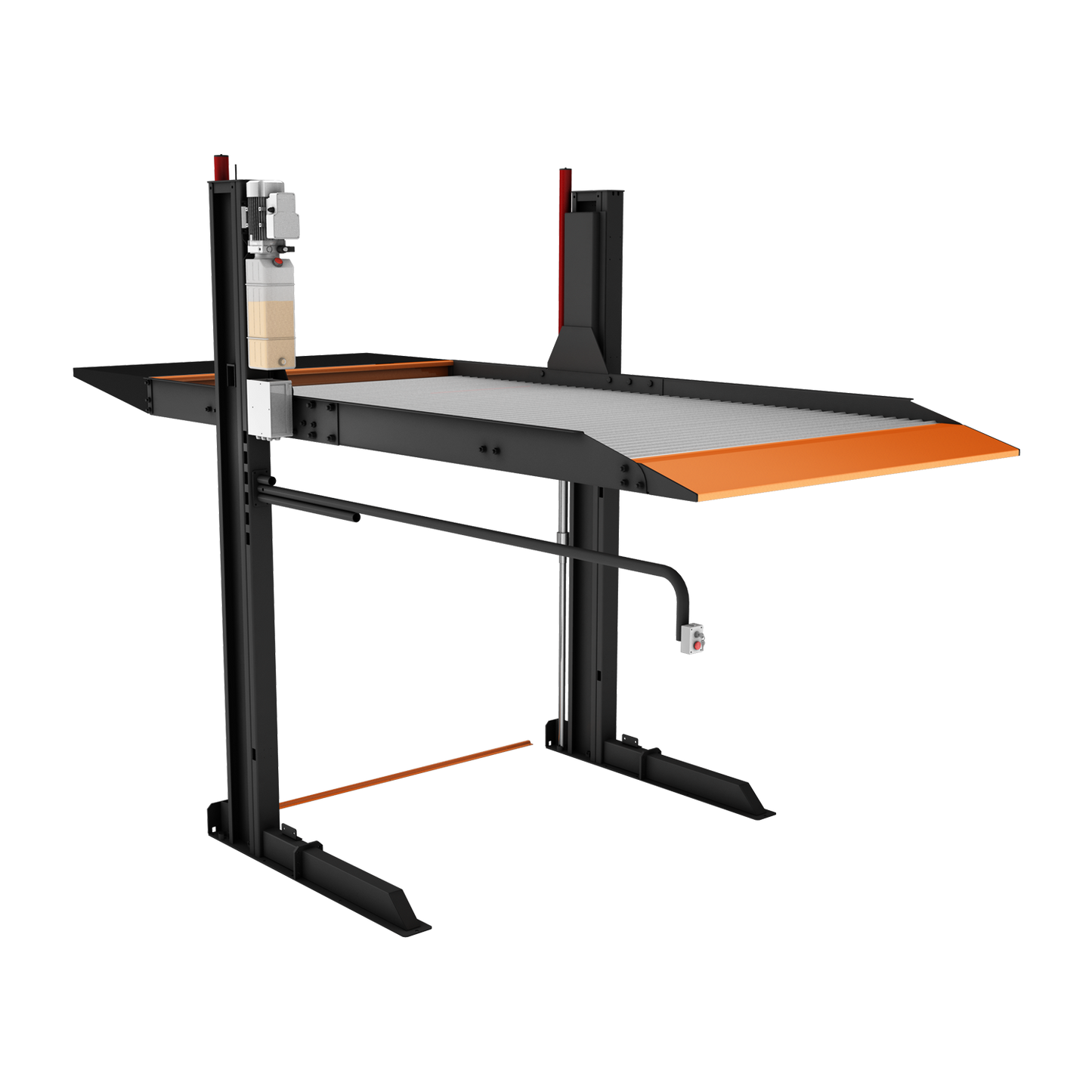 A grey and orange 2 post car hoist with a flat platform and hydraulic system. - 2 Post Parking Hoist - Full Platform Compact - 2.7 Ton | TL2.7HP