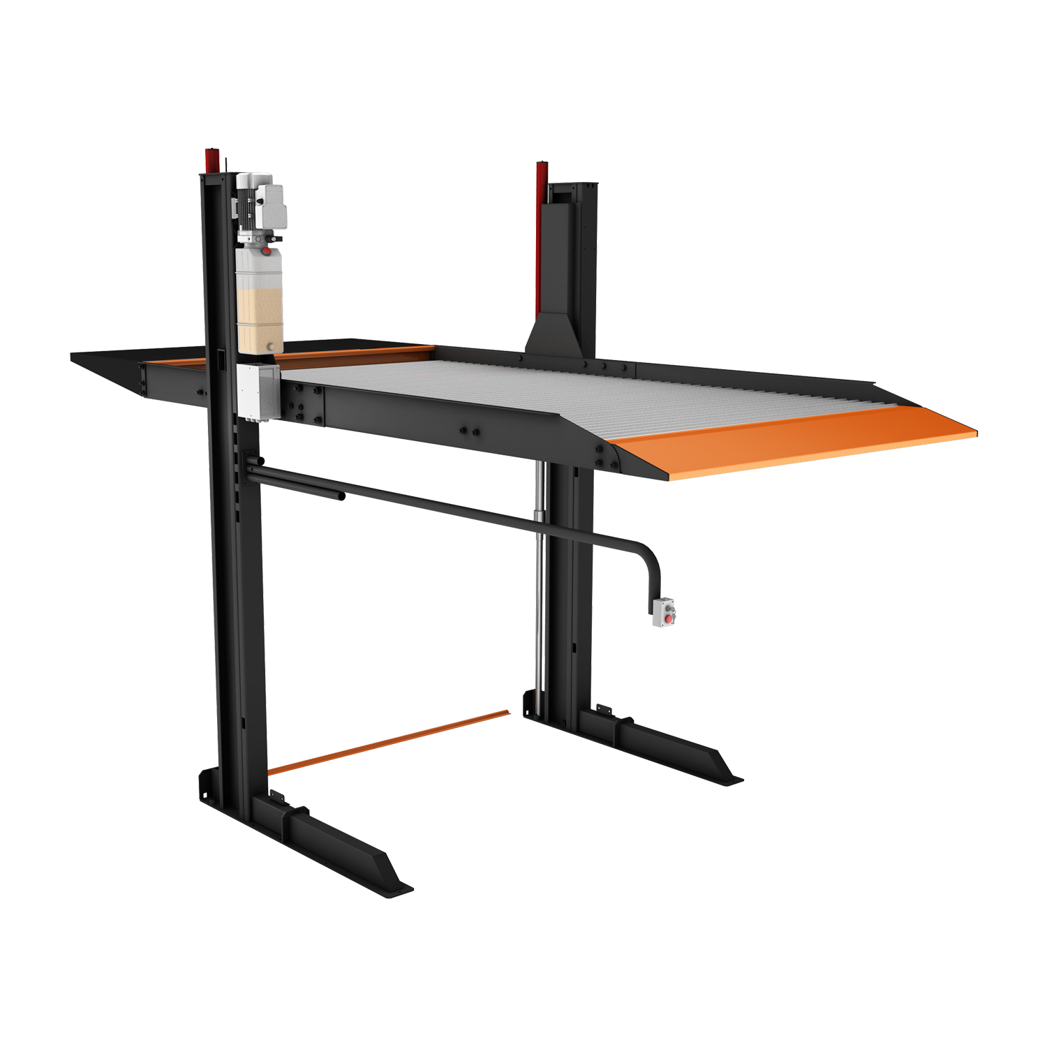 A grey and orange 2 post car hoist with a flat platform and hydraulic system. - 2 Post Parking Hoist - Full Platform Compact - 2.7 Ton | TL2.7HP