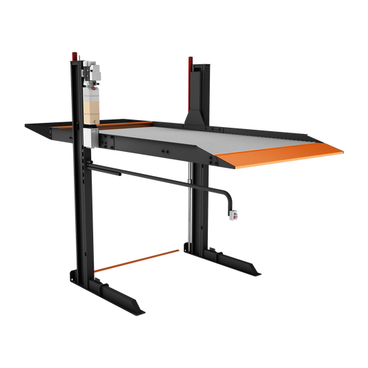 A grey and orange 2 post car hoist with a flat platform and hydraulic system. - 2 Post Parking Hoist - Full Platform Compact - 2.7 Ton | TL2.7HP