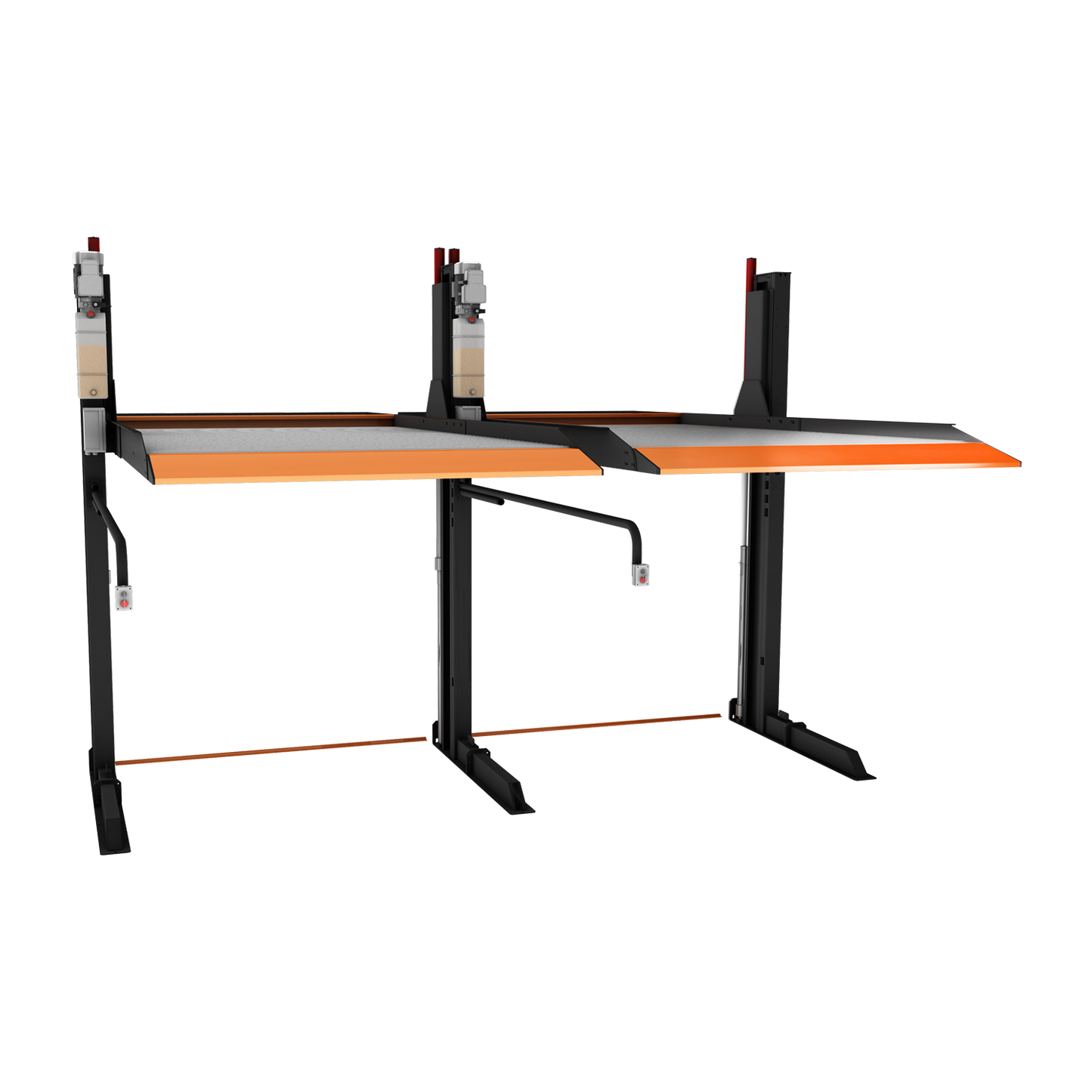 2 post car hoists next to eachother with a sturdy dark grey frame and orange safety accents, designed for lifting and parking automotive vehicles. - 2 Post Parking Hoist - Full Platform Compact - 2.7 Ton | TL2.7HP