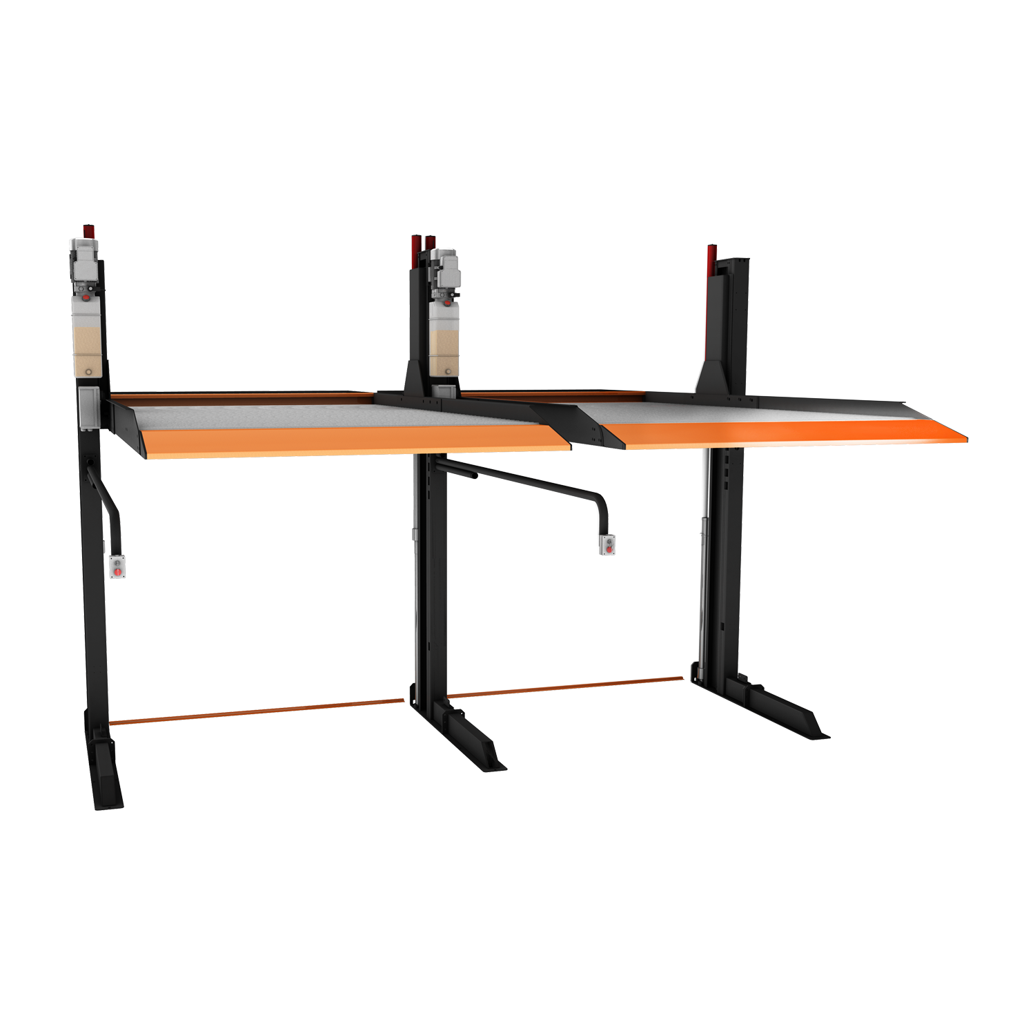 2 post car hoists next to eachother with a sturdy dark grey frame and orange safety accents, designed for lifting and parking automotive vehicles. - 2 Post Parking Hoist - Full Platform Compact - 2.7 Ton | TL2.7HP