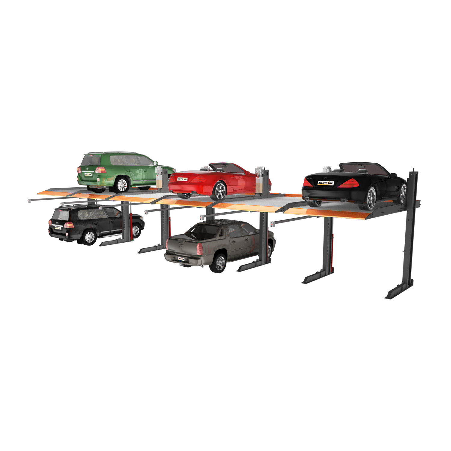 Multiple-platform 2 post car hoist system in use, lifting several vehicles including SUVs and sports cars, showcasing its capacity for simultaneous vehicle parking and storage. - 2 Post Parking Hoist - Full Platform Compact - 2.7 Ton | TL2.7HP