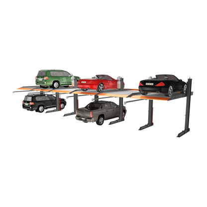 Multiple-platform 2 post car hoist system in use, lifting several vehicles including SUVs and sports cars, showcasing its capacity for simultaneous vehicle parking and storage. - 2 Post Parking Hoist - Full Platform Compact - 2.7 Ton | TL2.7HP