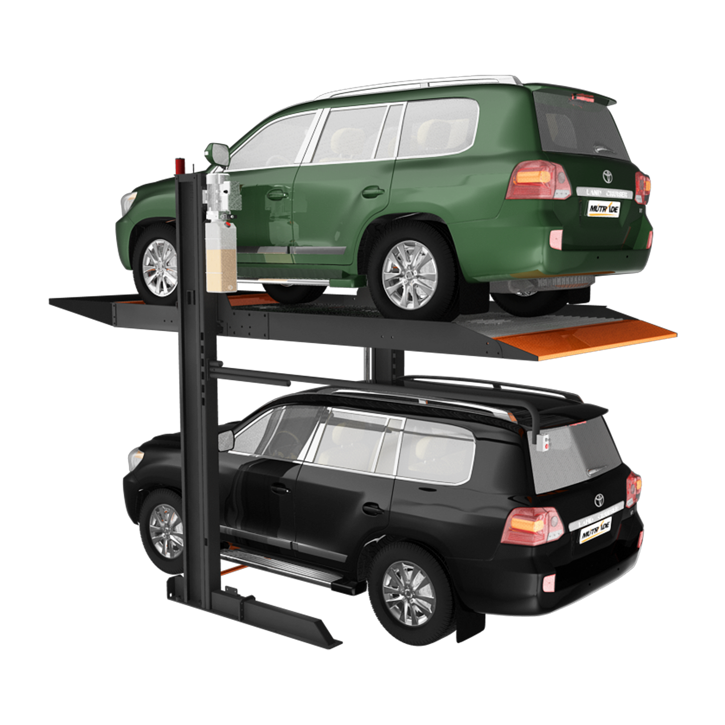 Two SUVs positioned on a platform 2 post car hoist, demonstrating the system's capability as a parking storage solution. - 2 Post Parking Hoist - Full Platform Compact - 2.7 Ton | TL2.7HP