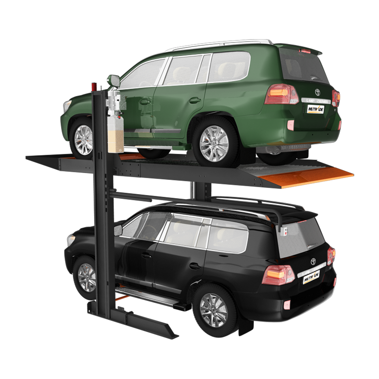 Two SUVs positioned on a platform 2 post car hoist, demonstrating the system's capability as a parking storage solution. - 2 Post Parking Hoist - Full Platform Compact - 2.7 Ton | TL2.7HP