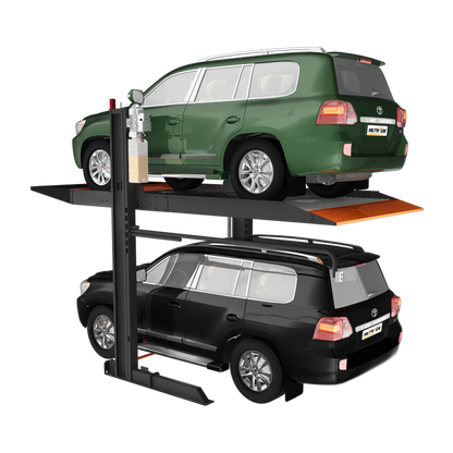 Two SUVs positioned on a platform 2 post car hoist, demonstrating the system's capability as a parking storage solution. - 2 Post Parking Hoist - Full Platform Compact - 2.7 Ton | TL2.7HP