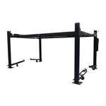 A compact image of a dark grey four-post parking hoist with caster wheels, designed for lifting and storing vehicles in a garage or workshop setting.
