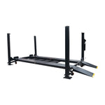 Dark grey four-post parking car hoist with ramps