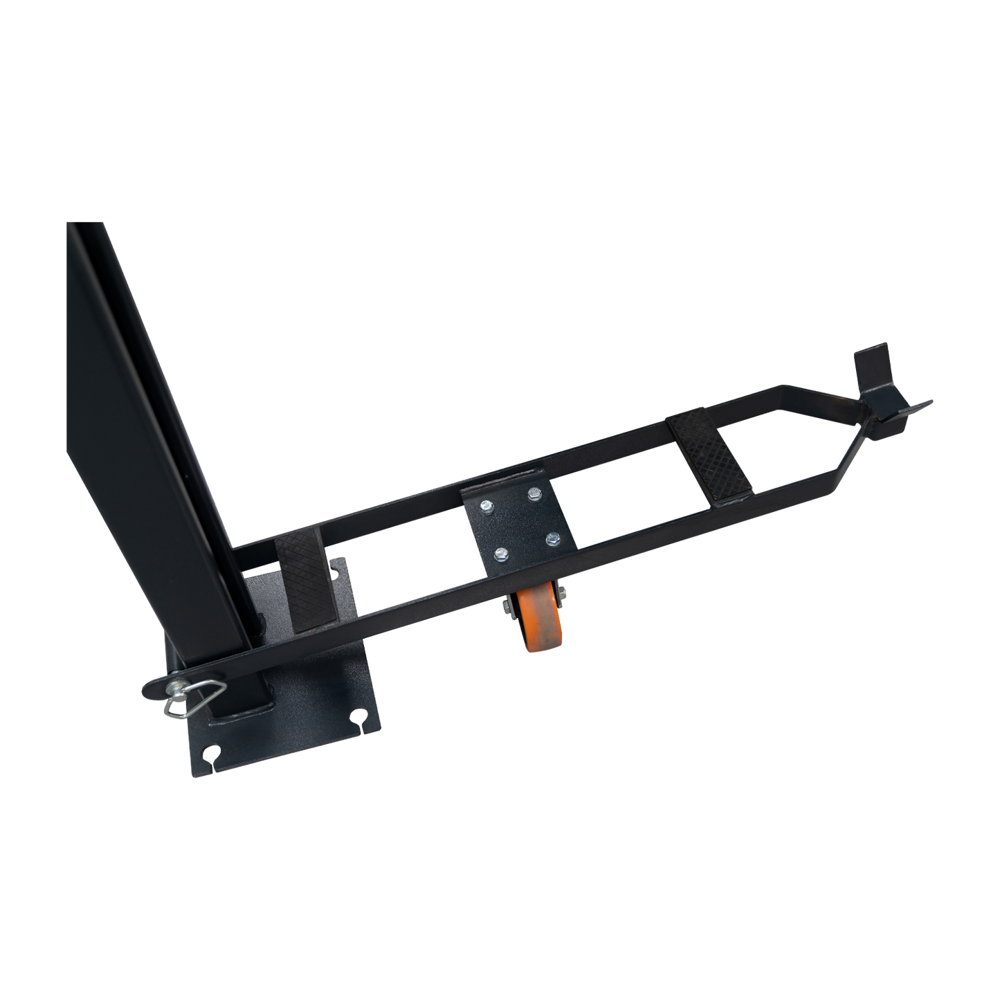 Black caster kit for mobility, designed to be attached to four-post car hoist for ease of movement.