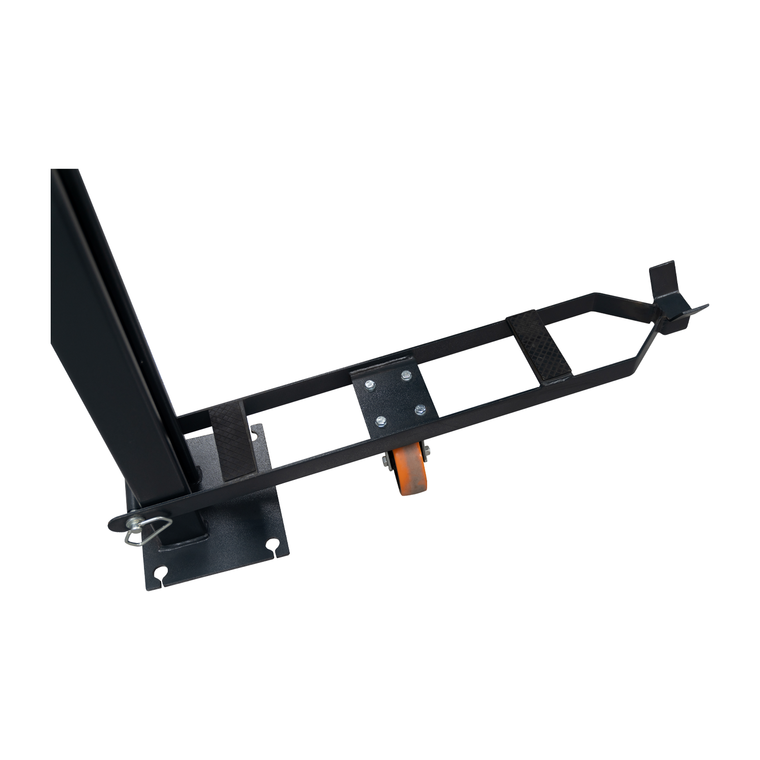 Black caster kit for mobility, designed to be attached to four-post car hoist for ease of movement.