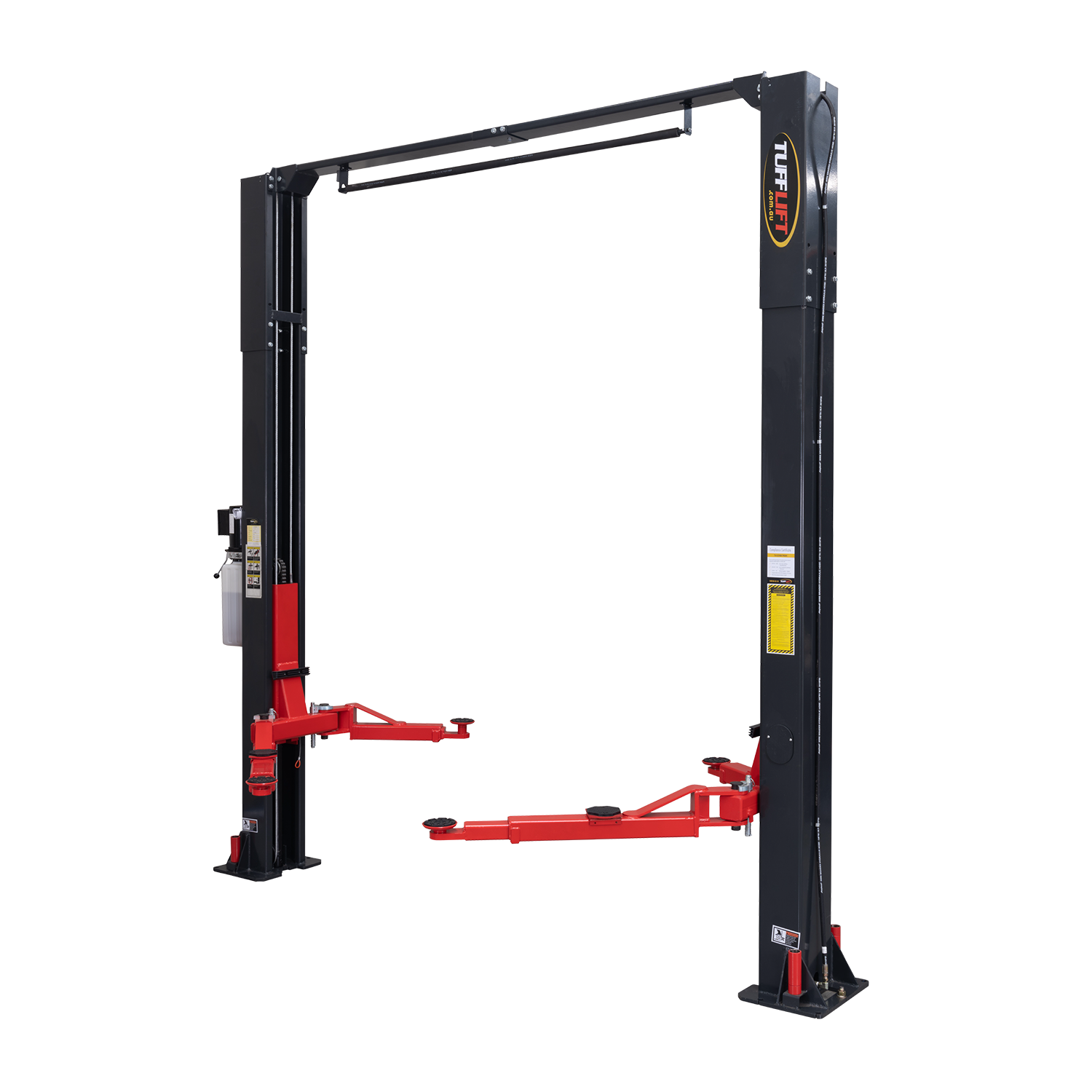 An isolated view of a Tufflift clear floor 2 post car hoist with vibrant orange arms extending from its sleek dark grey vertical posts. - 2 Post Clear Floor Hoist - 4 Ton | TL4.0OHDI