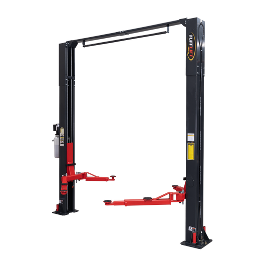 An isolated view of a Tufflift clear floor 2 post car hoist with vibrant orange arms extending from its sleek dark grey vertical posts. - 2 Post Clear Floor Hoist - 4 Ton | TL4.0OHDI