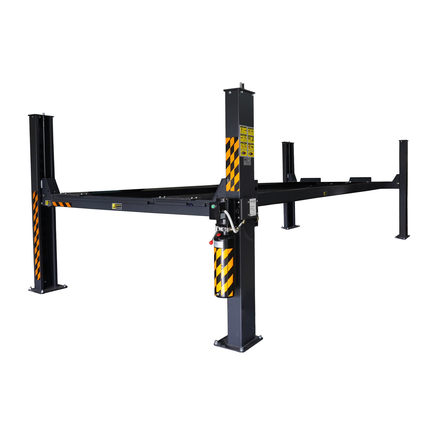 4 post 7-meter hoist with a car lifted to full height, featuring black and yellow safety markings on the columns, ideal for parking or vehicle maintenance in a compact space