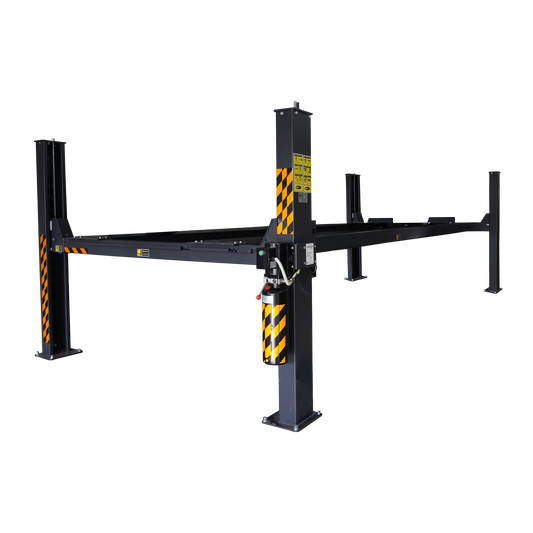 4 post 7-meter hoist with a car lifted to full height, featuring black and yellow safety markings on the columns, ideal for parking or vehicle maintenance in a compact space