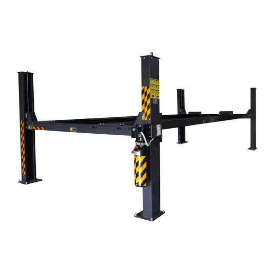 4 post 7-meter hoist with a car lifted to full height, featuring black and yellow safety markings on the columns, ideal for parking or vehicle maintenance in a compact space