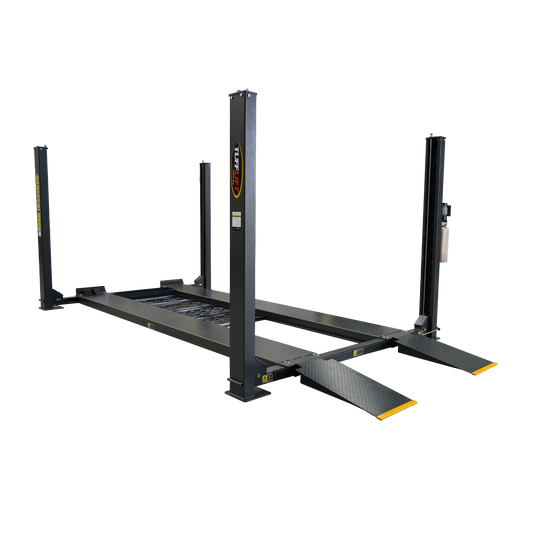 4 post car hoist model TL4.0PH featuring sturdy steel columns and diamond-plate ramps for vehicle lifting and parking.