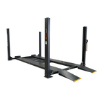 4 post car hoist model TL4.0PH featuring sturdy steel columns and diamond-plate ramps for vehicle lifting and parking.