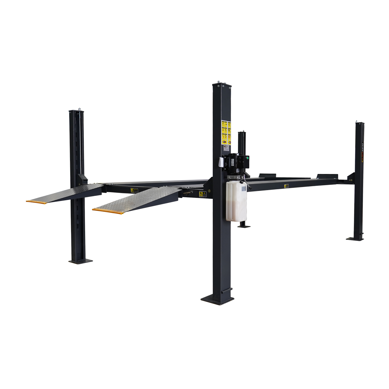 Side view of the 4 post car hoist model TL4.0PH, highlighting the raised steel platforms and hydraulic motorSide view of the 4 post car hoist model TL4.0PH, highlighting the raised steel platforms and hydraulic motor